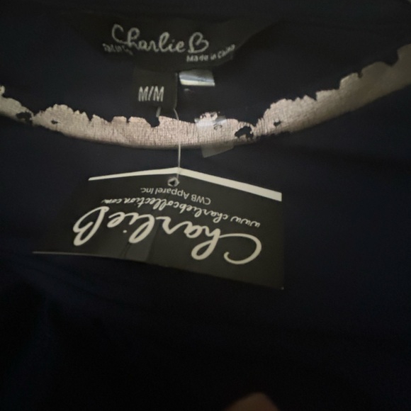 Charlie B Navy Blue Gold Accents Long Sleeve Top SZ Medium - Picture 7 of 11